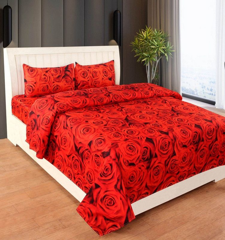 COTTON VILLAS 144 TC Polycotton, Microfiber Double Checkered Flat Bedsheet  (Pack of 1, Red Rose)