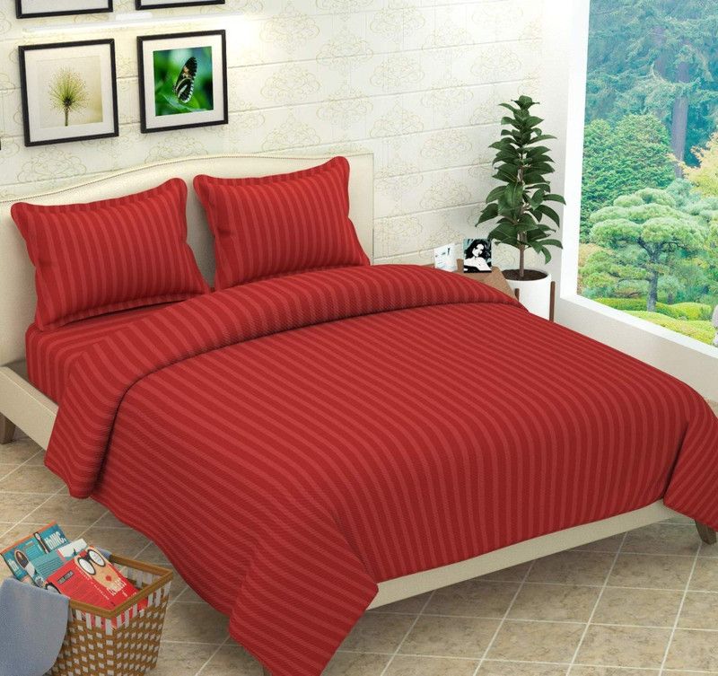 aashiyana sajona 180 TC Microfiber Double Striped Flat Bedsheet  (Pack of 1, Red)