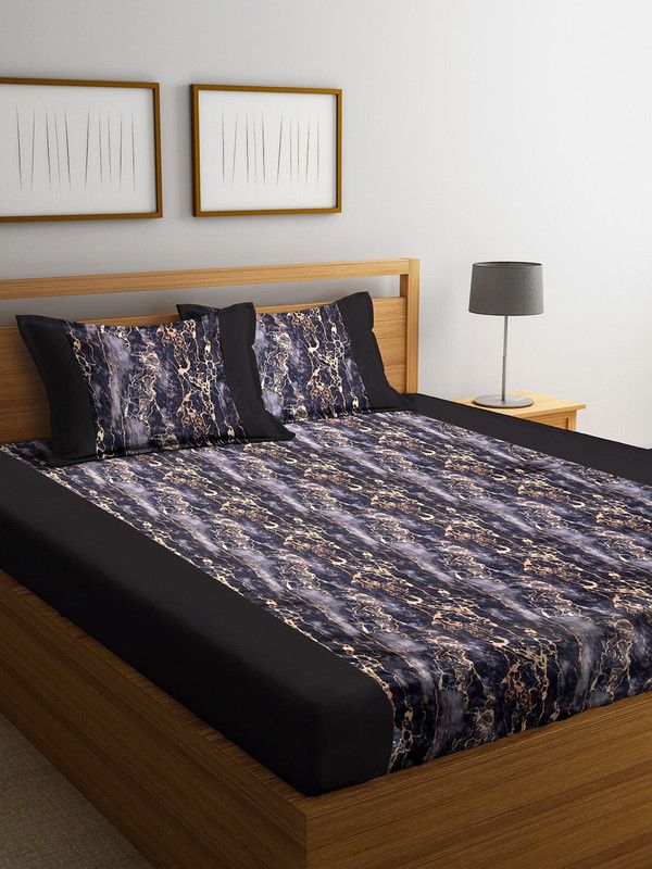 DECOREALM 300 TC Satin Double Abstract Flat Bedsheet  (Pack of 1, Black)