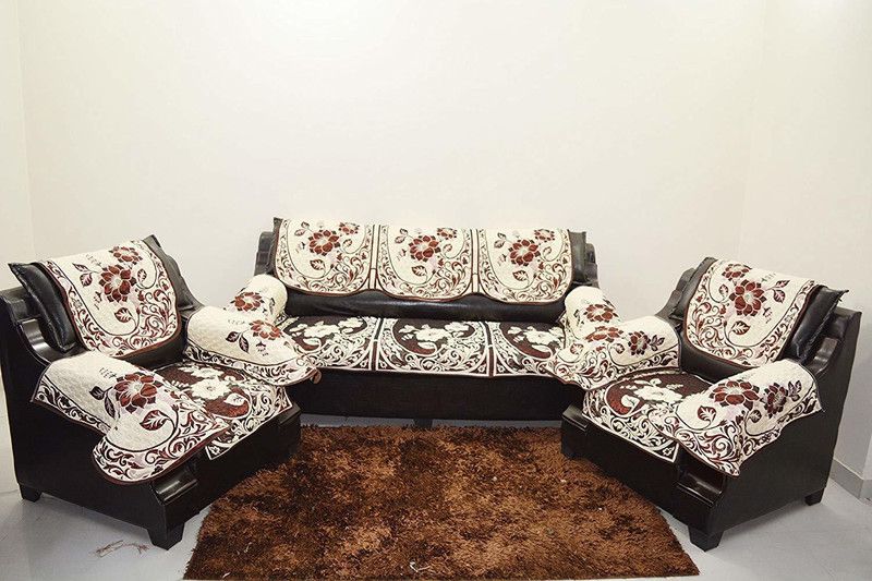 KINGLY Chenille Floral Sofa Cover  (White, Maroon Pack of 11)