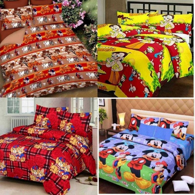 ANAND 140 TC Polycotton Double Printed Fitted & Flat Bedsheet  (Pack of 4, Multicolor)