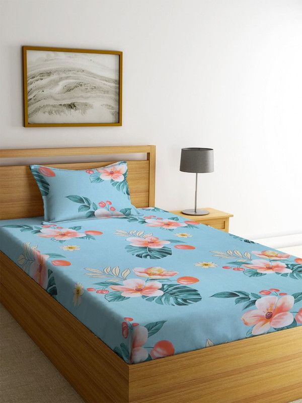 ESHLEY 210 TC Polycotton Single Floral Flat Bedsheet  (Pack of 1, Blue)