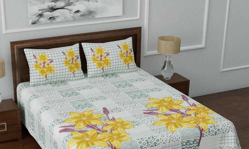 G Craft 300 TC Cotton Queen Jaipuri Prints Flat Bedsheet  (Pack of 1, Yellow)
