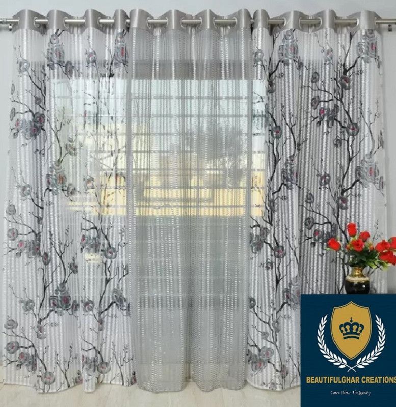 BeautifulGhar Creations 152 cm (5 ft) Tissue Semi Transparent Long Door Curtain (Pack Of 3)  (Floral, Grey)