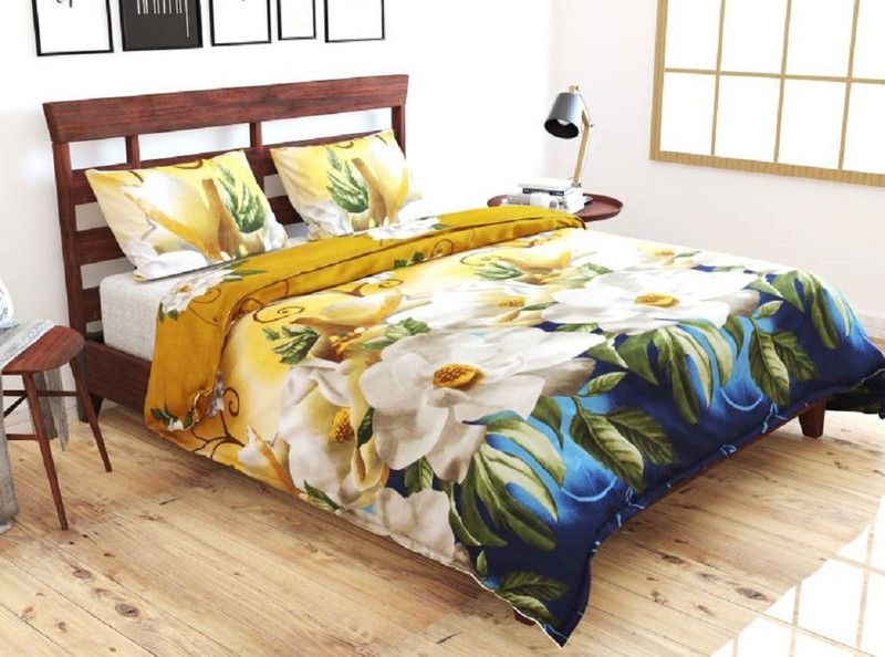 ALL SEASONS GALLERY 140 TC Polycotton Double 3D Printed Flat Bedsheet  (Pack of 1, Yellow, Blue)