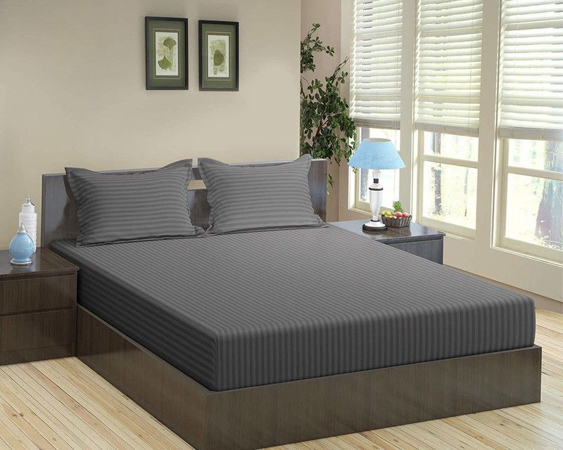 lostaka 220 TC Cotton Double Striped Flat Bedsheet  (Pack of 1, Grey)