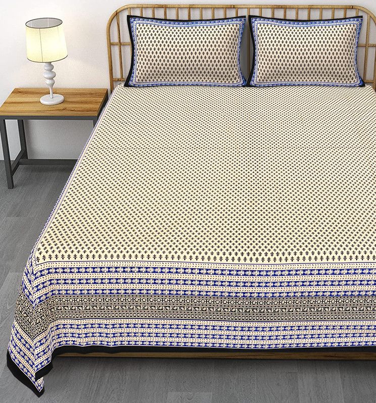 SILOUT TEX PRINTS 351 TC Cotton King, Double 3D Printed Flat Bedsheet  (Pack of 1, Black-Blue)