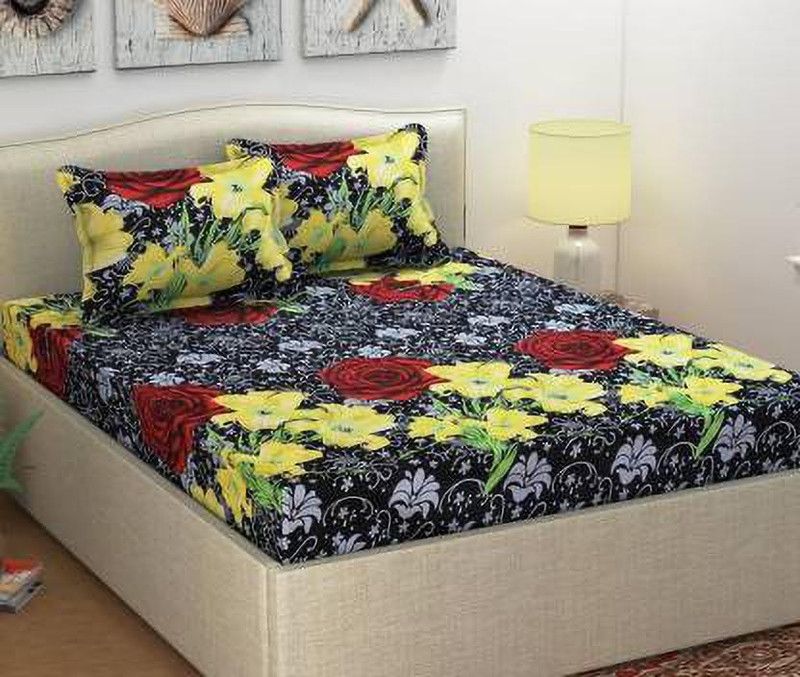LACHERA 180 TC Cotton Double 3D Printed Flat Bedsheet  (Pack of 1, Yellow)