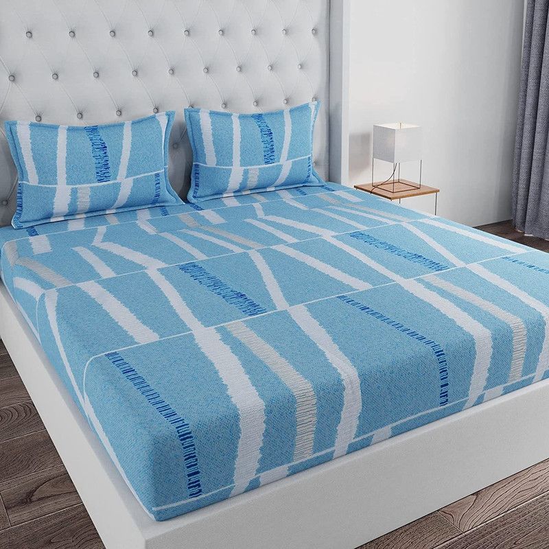 Huesland 144 TC Cotton King Printed Flat Bedsheet  (Pack of 1, Sky Blue & White)