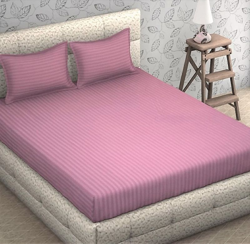 Panipat Wholesaler 250 TC Microfiber King Striped Flat Bedsheet  (Pack of 1, Pink)