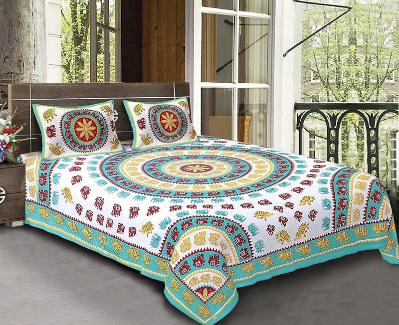 FrionKandy Living 220 TC Cotton King Jaipuri Prints Flat Bedsheet  (Pack of 1, Turquoise)