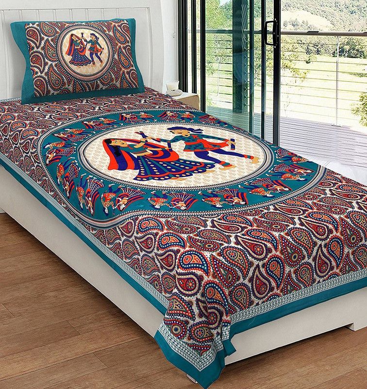 RJ Fashion Point 144 TC Cotton Single Jaipuri Prints Flat Bedsheet  (Pack of 1, Green)