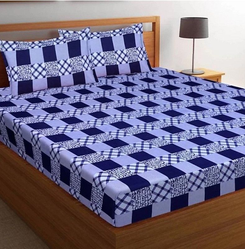 BALKO FAB 144 TC Polycotton Double Checkered Flat Bedsheet  (Pack of 1, Blue)