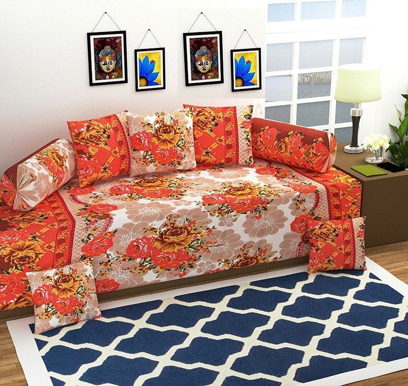 Gurnoor Polycotton Floral Diwan Set  (Orange)
