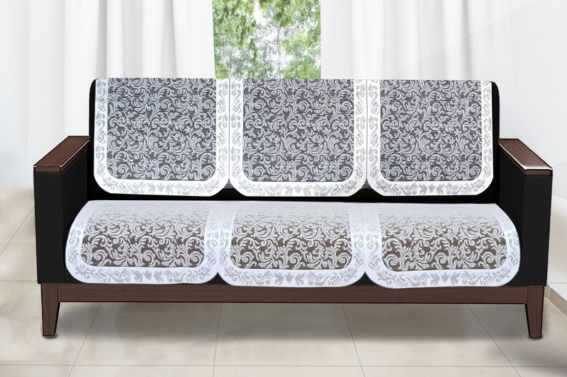 Stylista Cotton Floral Sofa Cover  (White Knitted Cotton Pack of 6)
