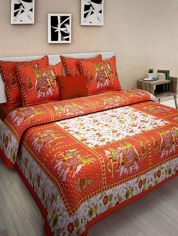 shree sd creation 170 TC Cotton Double Jaipuri Prints Flat Bedsheet  (Pack of 1, red1)
