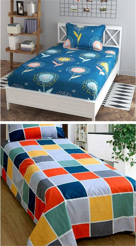 Trendy Hut 240 TC Polycotton Single Checkered Flat Bedsheet  (Pack of 2, Multicolor)
