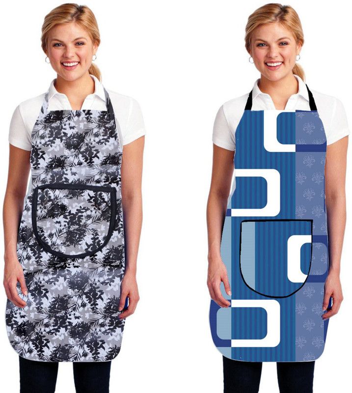 Kingly Home Polyester Apron - Free Size  (Black, Blue, Pack of 2)