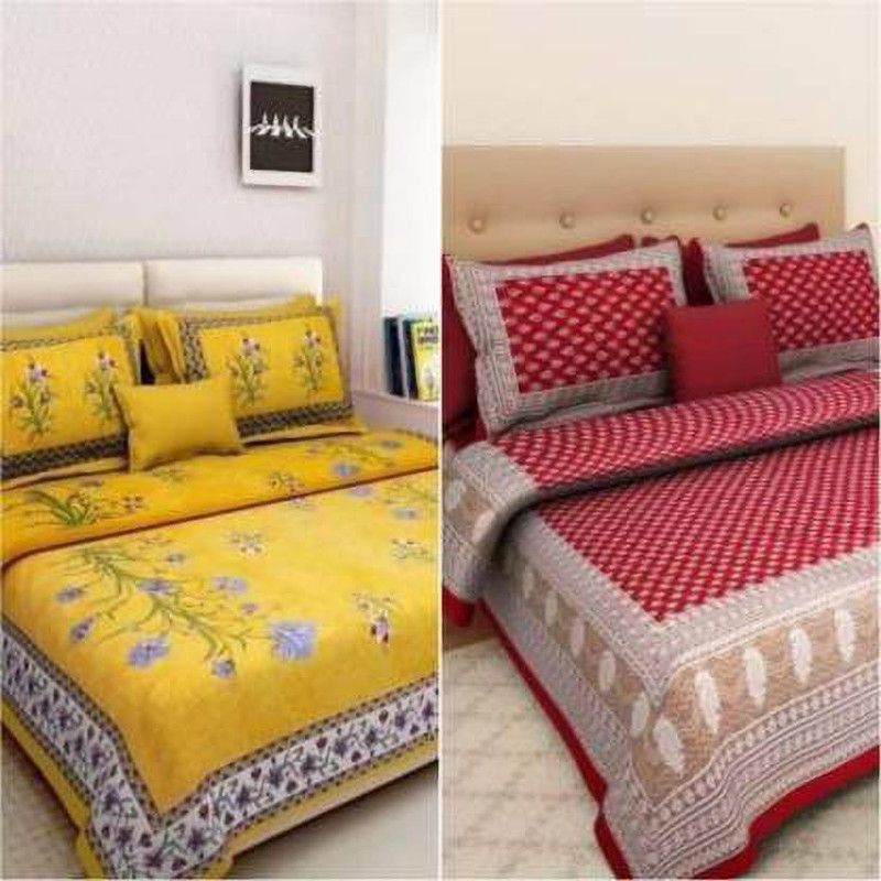 Homeline 104 TC Cotton Double Jaipuri Prints Flat Bedsheet  (Pack of 2, Yellow, Maroon)