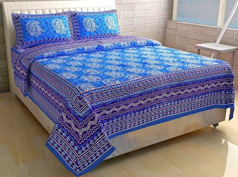 RS COLLACTION 144 TC Cotton Double Printed Flat Bedsheet  (Pack of 1, Blue)