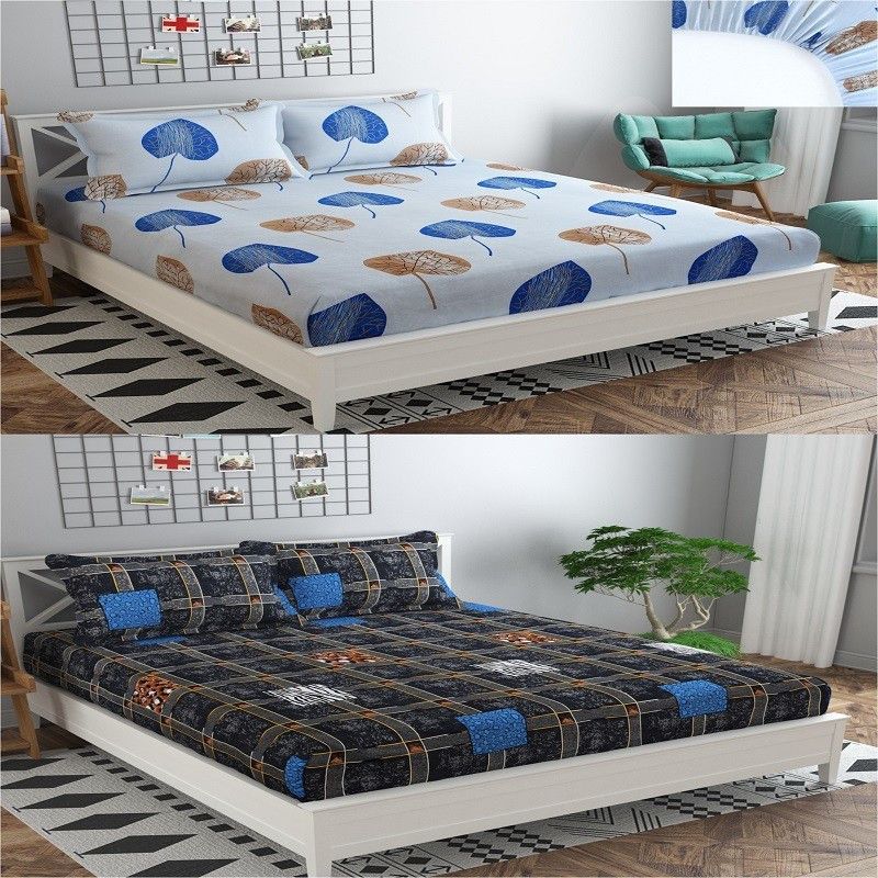 DIKSH 140 TC Polycotton Queen Solid Fitted (Elastic) Bedsheet  (Pack of 2, blue peepal patta, grey dibbi)