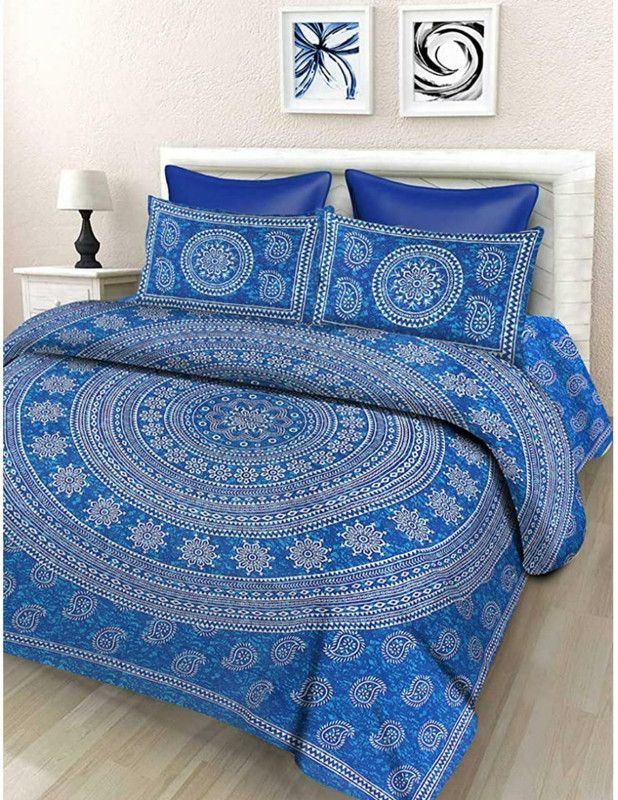 shrihans 220 TC Cotton King Jaipuri Prints Flat Bedsheet  (Pack of 1, Blue)