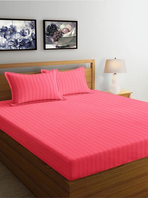 Woodstork 250 TC Microfiber Double Striped Flat Bedsheet  (Pack of 1, Pink)