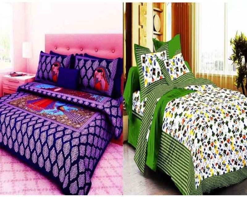 KRISMARTELITE 140 TC Cotton Double Printed Flat Bedsheet  (Pack of 2, Blue, Green)