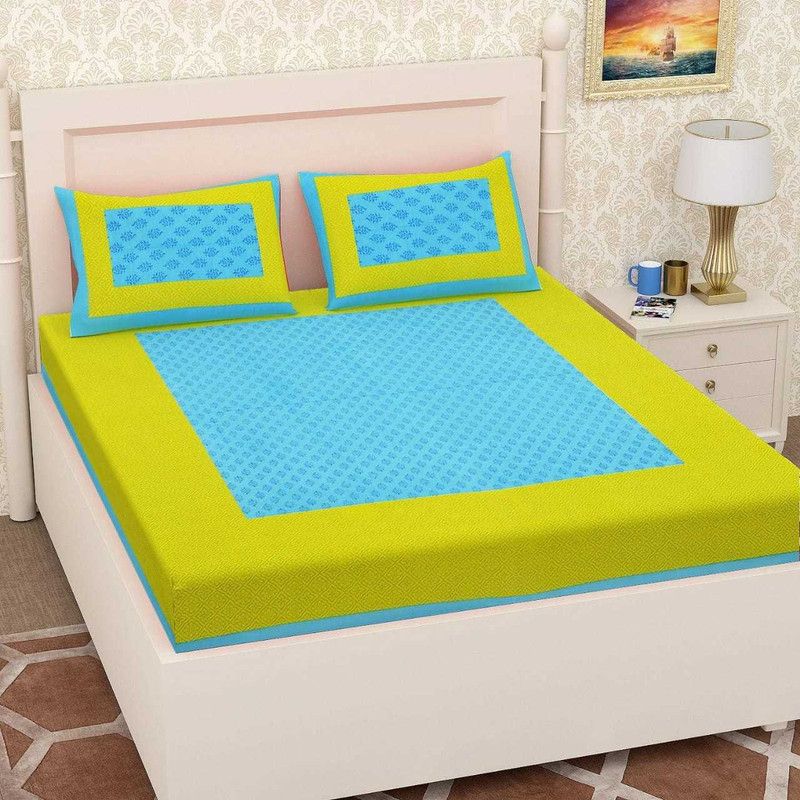 Bajrang Textiles 144 TC Cotton Queen Jaipuri Prints Fitted (Elastic) Bedsheet  (Pack of 1, Sea-green)
