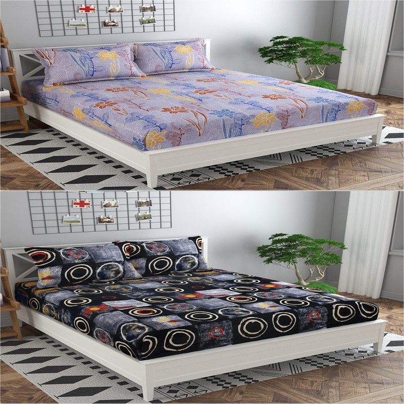 DIKSH 140 TC Polycotton Queen Solid Fitted (Elastic) Bedsheet  (Pack of 2, brown flower, black coin)