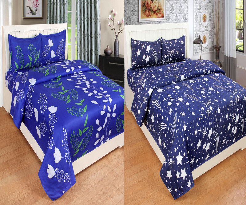 PRODUCTSCK 280 TC Microfiber Double Printed Flat Bedsheet  (Pack of 2, Blue)