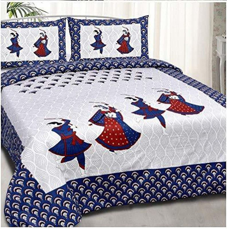 SRE 180 TC Cotton Double Jaipuri Prints Flat Bedsheet  (Pack of 1, White blue)