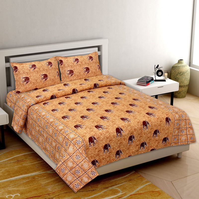 Zaina 350 TC Cotton King Printed Flat Bedsheet  (Pack of 3, Yellow with Elephant Prints)