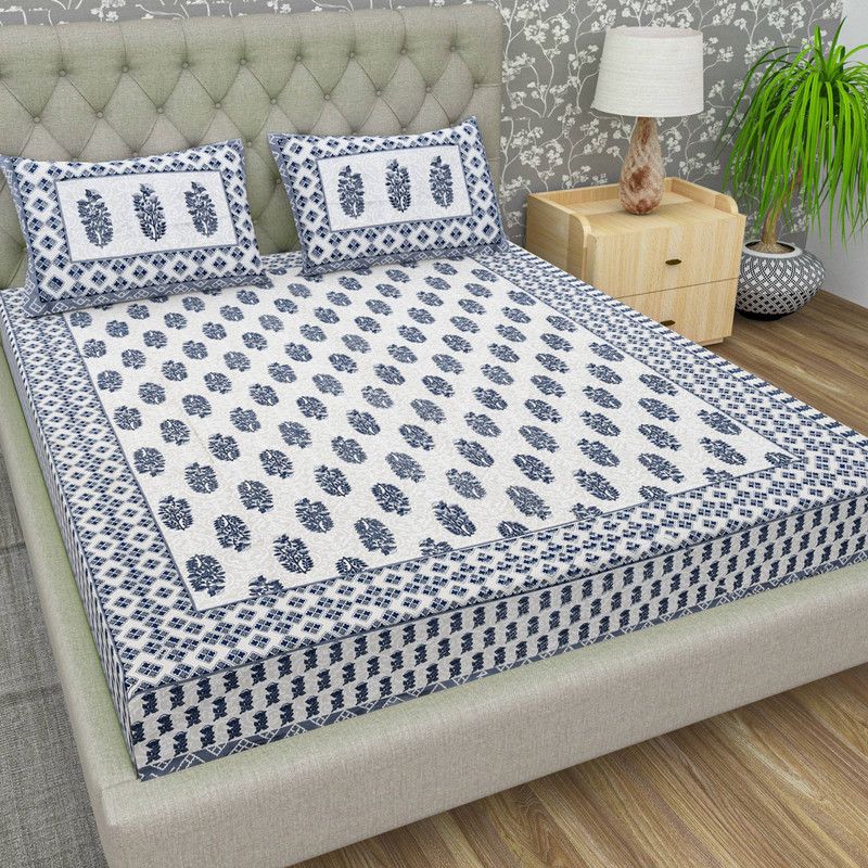 Bb Verne 144 TC Cotton Double Printed Flat Bedsheet  (Pack of 1, Grey,Blue)