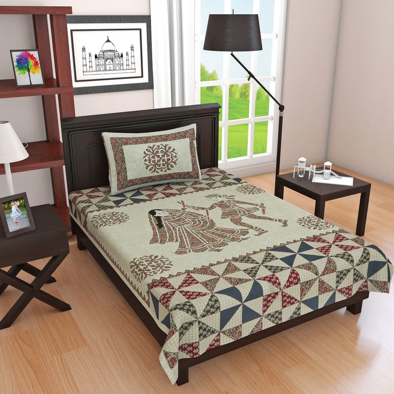Anupama 104 TC Cotton Single Jaipuri Prints Flat Bedsheet  (Pack of 1, maroon, beige)
