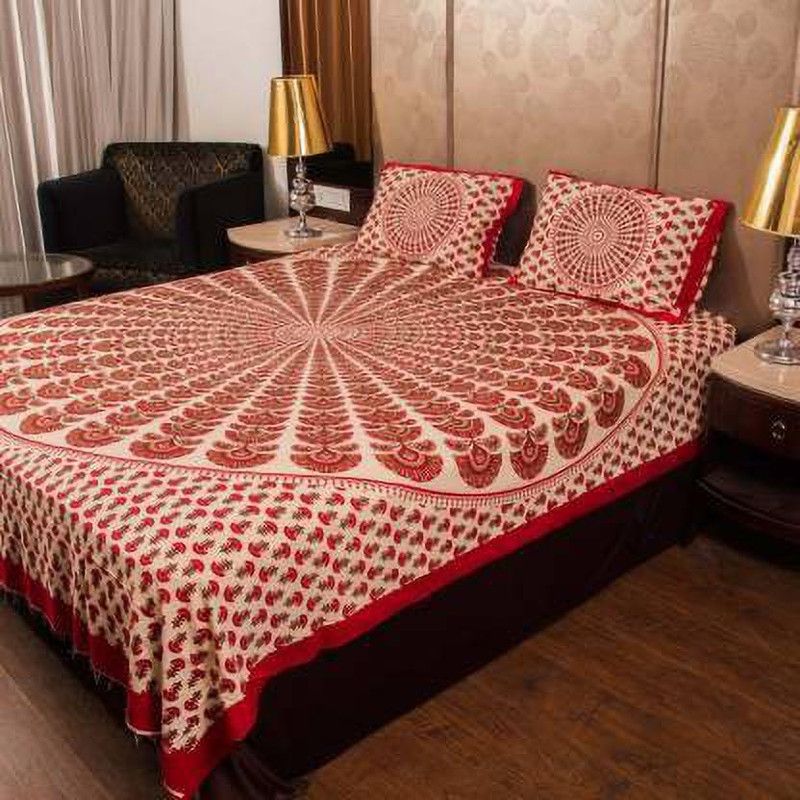 FABBON INDIA 280 TC Cotton Double Jaipuri Prints Flat Bedsheet  (Pack of 1, Red)