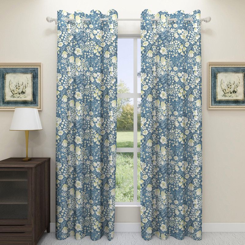 Floating Walls Furnishings 214 cm (7 ft) Cotton Blackout Door Curtain (Pack Of 2)  (Floral, Blue)