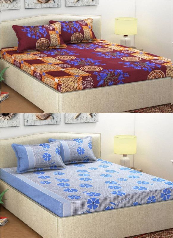 ZirconHomes 144 TC Polycotton Double 3D Printed Flat Bedsheet  (Pack of 2, Yellow, Blue)