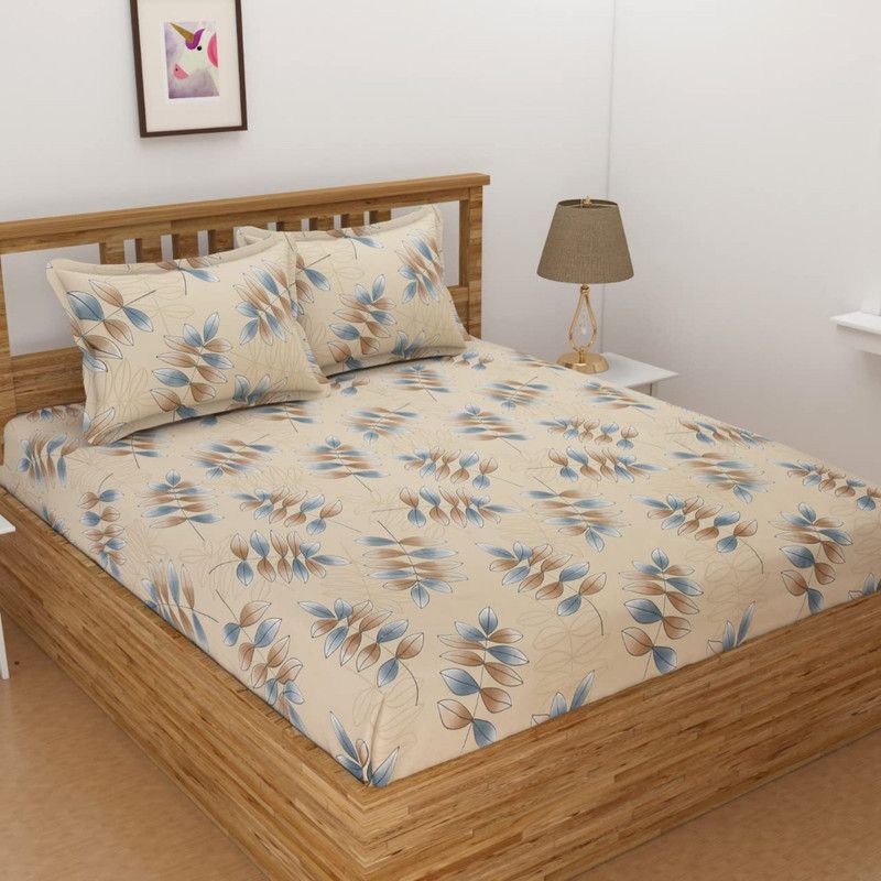 Nanki's 190 TC Polycotton King Printed Fitted (Elastic) Bedsheet  (Pack of 1, Beige)