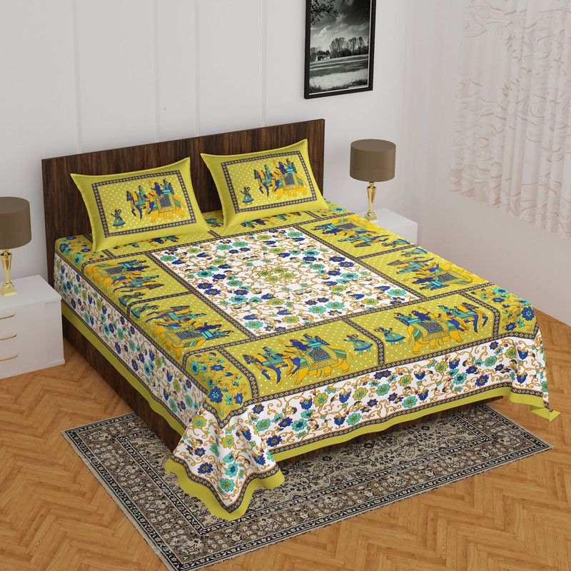 E ELMA 144 TC Cotton Double Printed Flat Bedsheet  (Pack of 1, Green)