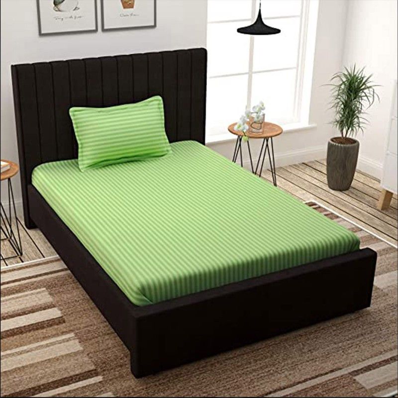 roman 240 TC Cotton Single Striped Fitted (Elastic) Bedsheet  (Pack of 1, Green)