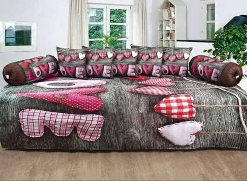 ARTSY HOME Velvet Abstract Diwan Set  (Grey, Pink)