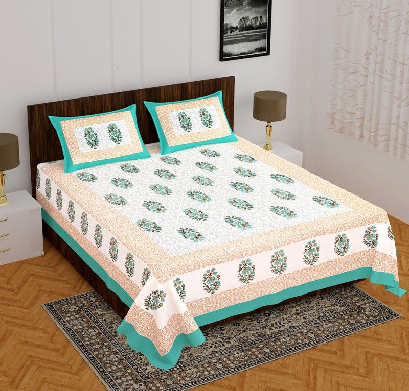 E ELMA 280 TC Cotton Double Jaipuri Prints Flat Bedsheet  (Pack of 1, Green)