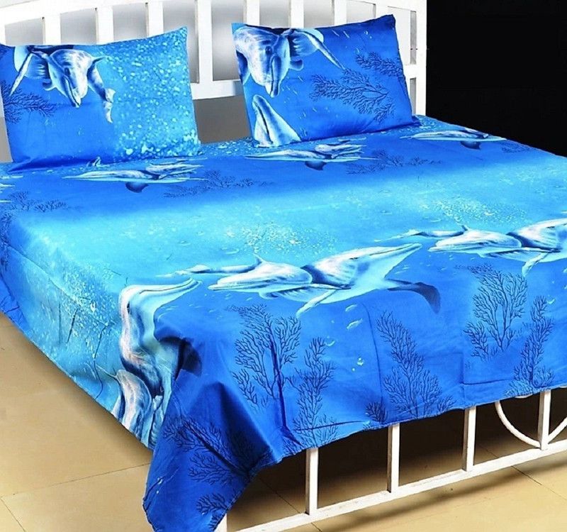 THE SHEILD 122 TC Polycotton Double 3D Printed Flat Bedsheet  (Pack of 1, Blue)
