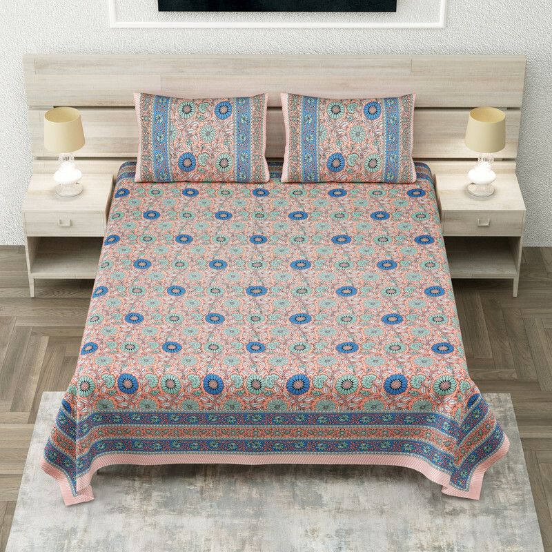 Texstylers 280 TC Cotton King Floral Flat Bedsheet  (Pack of 1, Peach and Rama)