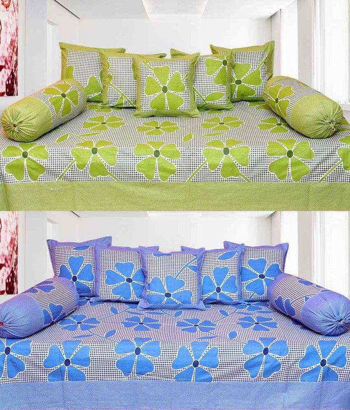 Kdecor Cotton Floral Diwan Set  (Green, Blue)