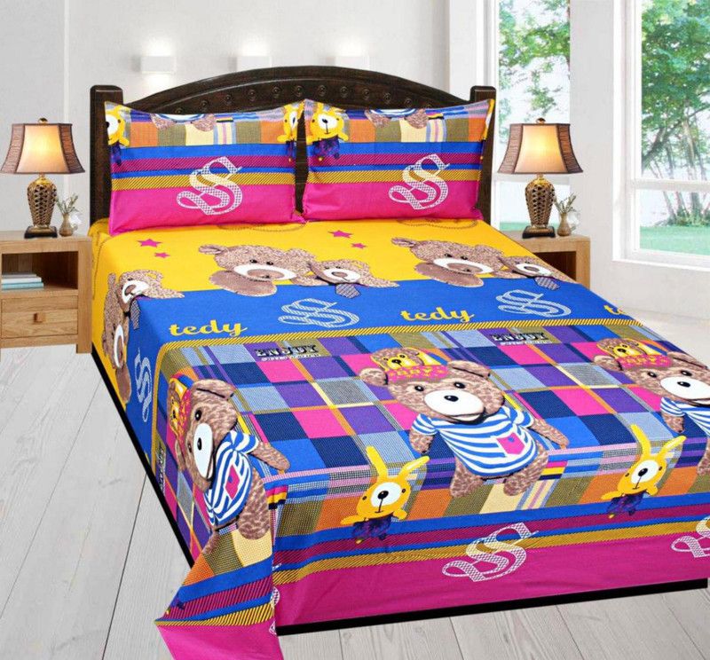 akr CREATION 200 TC Cotton Double Cartoon Flat Bedsheet  (Pack of 1, Blue)