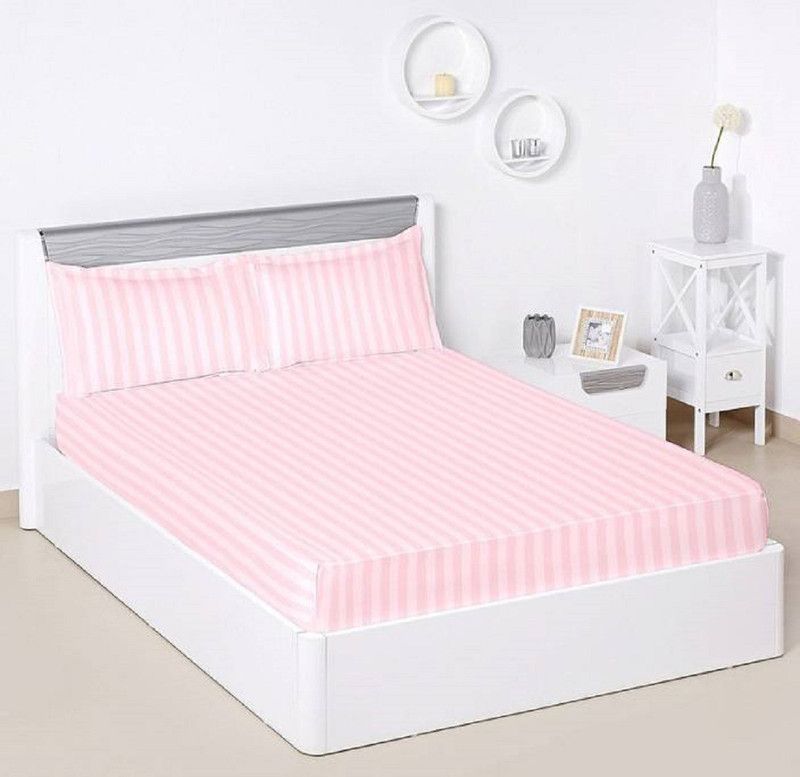 cherish homes 390 TC Cotton Double Striped Fitted (Elastic) Bedsheet  (Pack of 1, Pink)