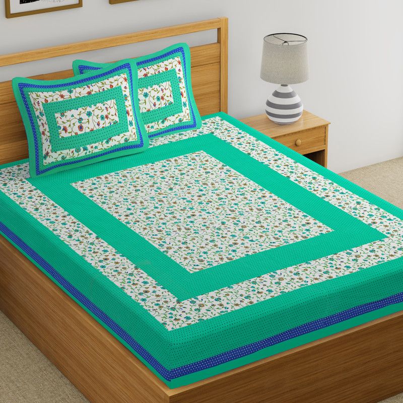 Rangaii 144 TC Cotton Double Jaipuri Prints Flat Bedsheet  (Pack of 1, Green)
