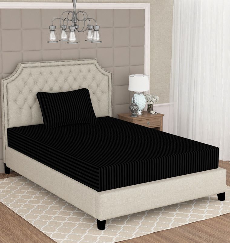 Swizier 350 TC Cotton Single Striped Flat Bedsheet  (Pack of 1, Black)